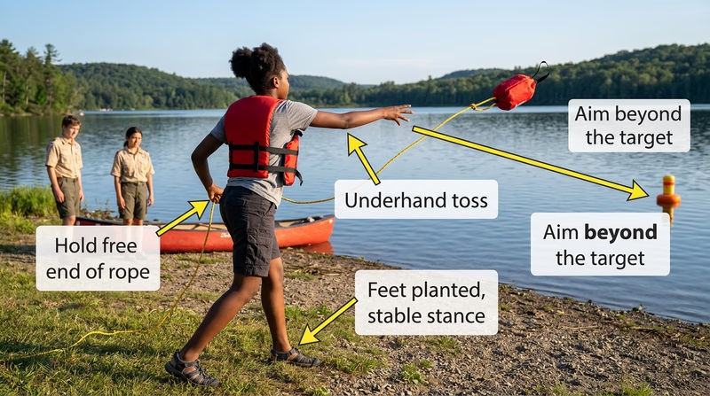 A Scout on shore in a throwing stance, releasing a throw bag underhand toward a target in the water, with the rope paying out behind the bag in an arc