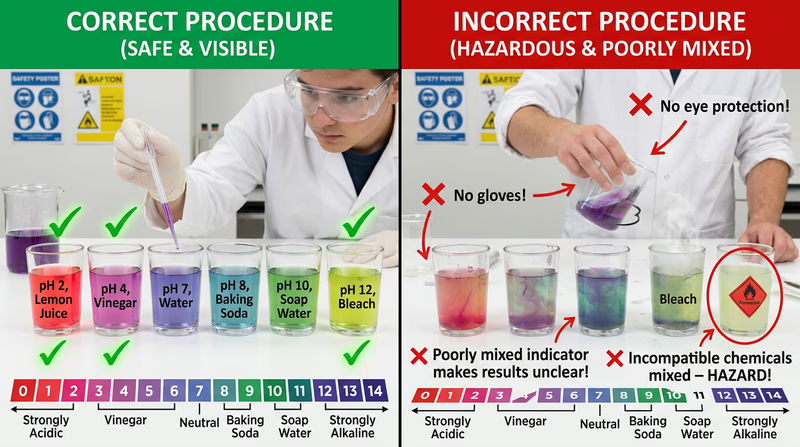 Six clear cups showing red cabbage indicator at different pH levels, ranging from red (acidic) through purple (neutral) to green (basic)