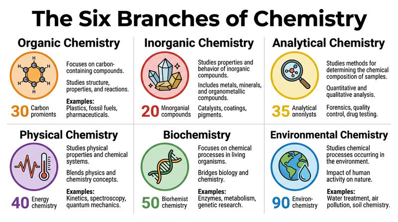 An infographic showing six branches of chemistry with icons: organic, inorganic, analytical, physical, biochemistry, and environmental