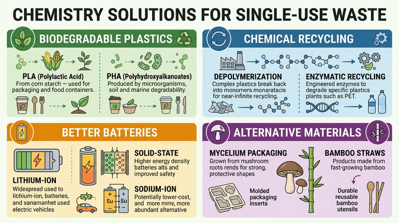 An infographic showing four chemistry solutions for single-use waste: biodegradable plastics, chemical recycling, better batteries, and alternative materials