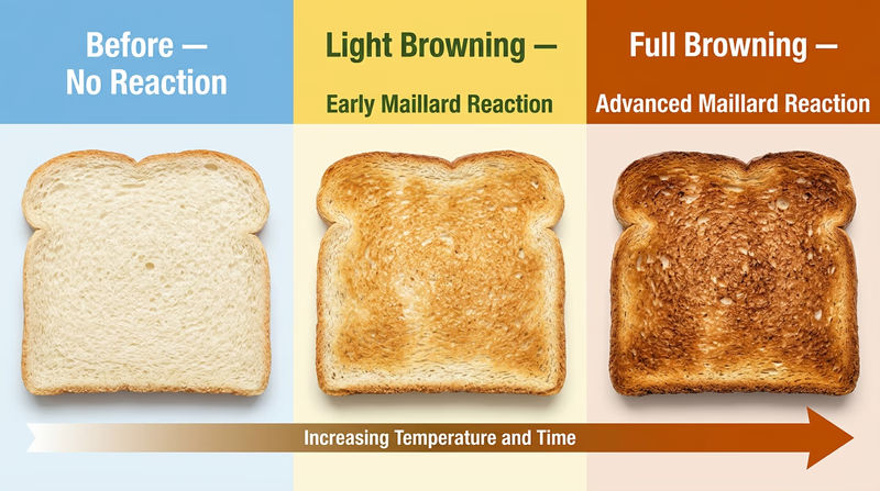 Three stages of bread toasting showing the progression of the Maillard reaction from fresh to golden to deep brown