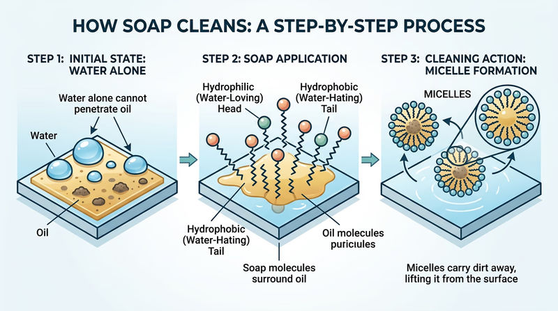 Diagram showing how soap molecules surround an oil droplet to form a micelle, with hydrophobic tails pointing inward and hydrophilic heads facing outward
