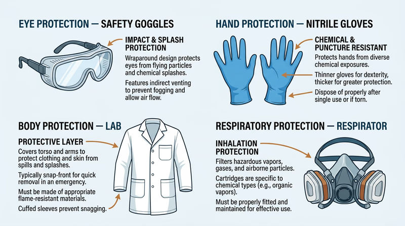 Four types of PPE for chemistry: safety goggles, nitrile gloves, a lab coat, and a respirator, each clearly labeled