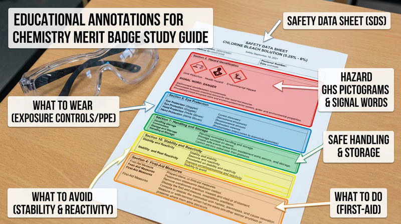 A Safety Data Sheet document with key sections highlighted and labeled, showing Section 2 (Hazards) and Section 8 (PPE) prominently