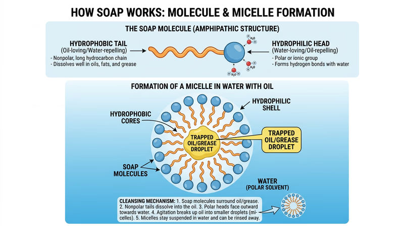 A diagram showing a soap molecule with its hydrophilic head and hydrophobic tail, surrounding a dirt particle in water