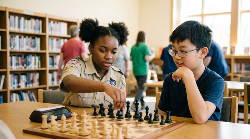 Two teenagers sitting across from each other at a chess board in a community center, one mid-move, both concentrating intently, with a chess clock beside the board