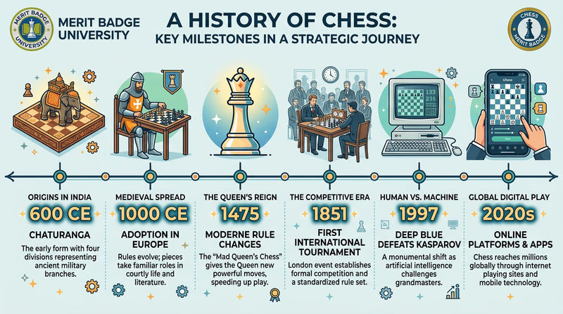 An infographic-style timeline showing key moments in chess history from ancient India through medieval Europe to modern day