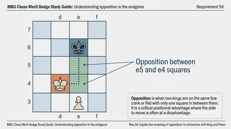 Chess board diagram showing the opposition position with White king on d4, White pawn on e3, and Black king on e6