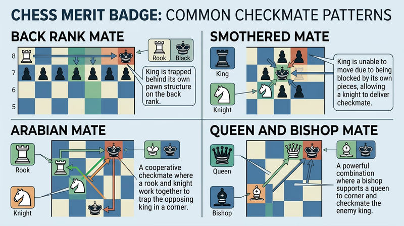 Four chess board diagrams showing common checkmate patterns: back-rank mate, smothered mate, Arabian mate, and queen-and-bishop mate