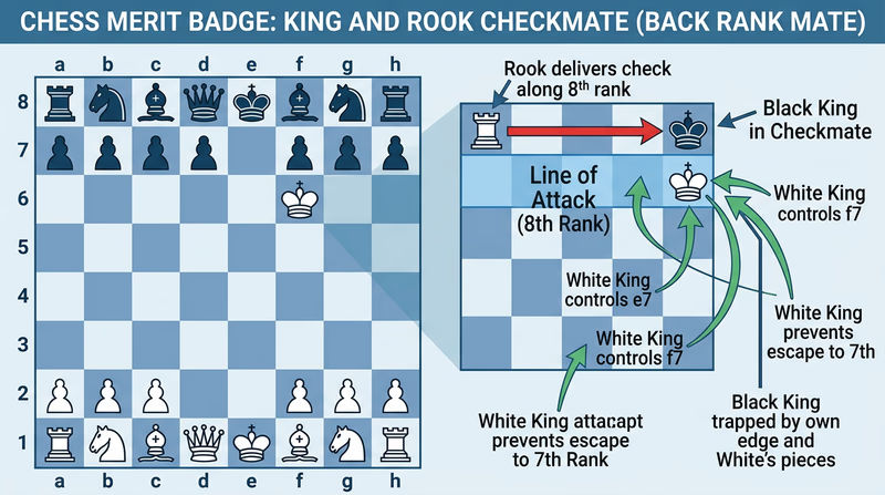 Chess board diagram showing the final checkmate position with king and rook versus king, with the rook delivering checkmate along the 8th rank