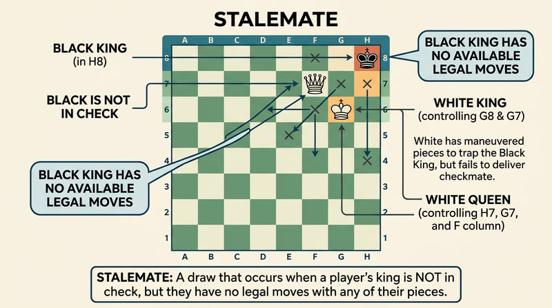 Chess board diagram showing a classic stalemate position with the king trapped in the corner with no legal moves but not in check