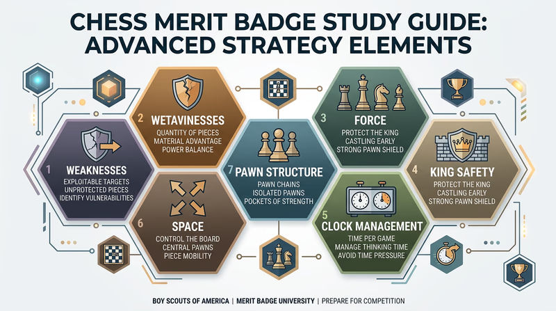 Infographic showing seven hexagonal tiles in a honeycomb pattern, each labeled with a strategic chess element: Weaknesses, Force, King Safety, Pawn Structure, Space, Tempo, and Clock Management