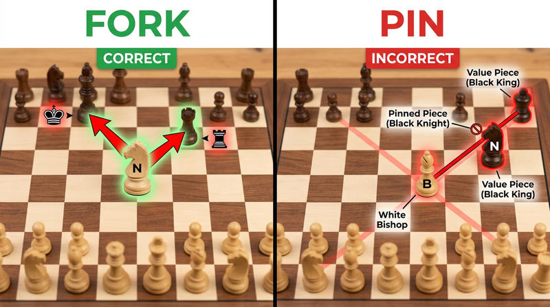 Comparison diagram showing a knight fork on the left (knight attacking king and rook simultaneously) and a bishop pin on the right (bishop pinning a knight to the king)