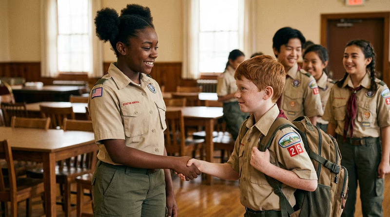 An experienced Scout shaking hands with a new Scout at a troop meeting, other Scouts smiling in the background