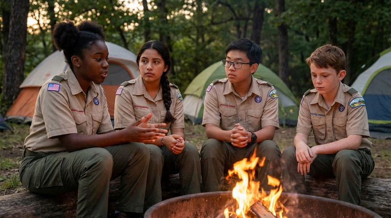 A small group of Scouts having an earnest discussion around a campfire, with thoughtful expressions