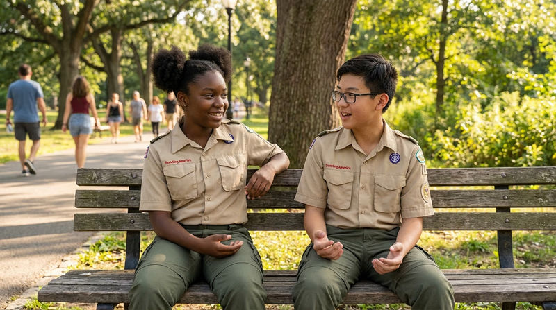 Two Scouts of different backgrounds sitting on a bench outdoors, having a friendly, open conversation