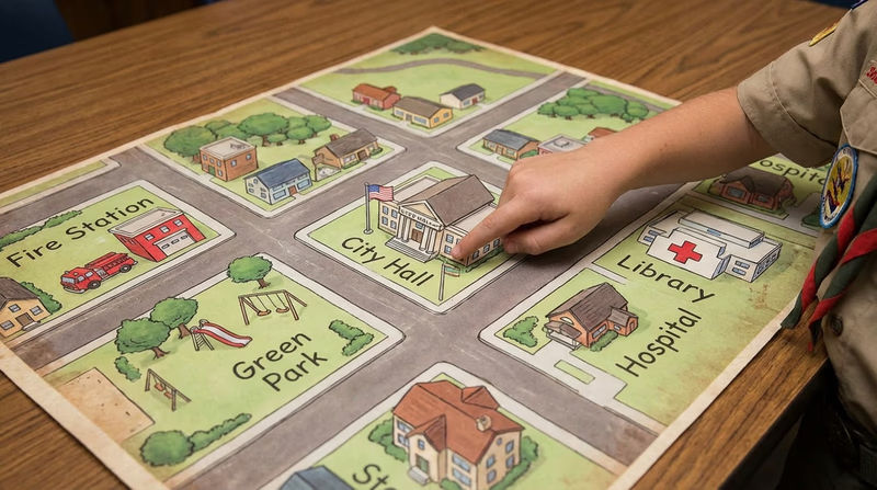An illustrated bird's-eye view of a small town showing labeled landmarks including a city hall, fire station, park, library, and hospital