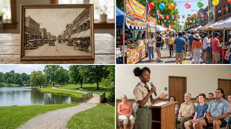 A montage showing elements of a community presentation: a historic photo, a cultural festival scene, a beautiful park, and a Scout speaking to an audience
