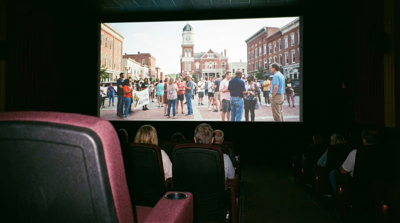 A movie screen showing a scene of diverse community members gathered together in a town square, viewed from the perspective of an audience member