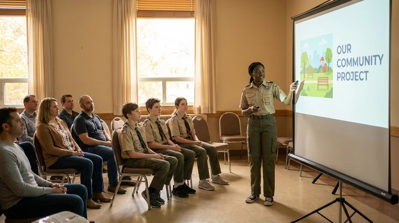 A Scout standing confidently in front of a screen showing a slide presentation about their community, with a small audience of fellow Scouts watching attentively