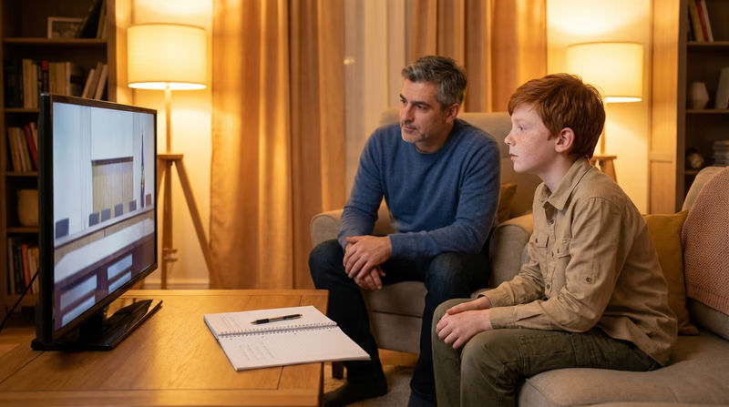 A Scout watching a movie at home with a parent, with a notebook and pen on the coffee table ready for note-taking
