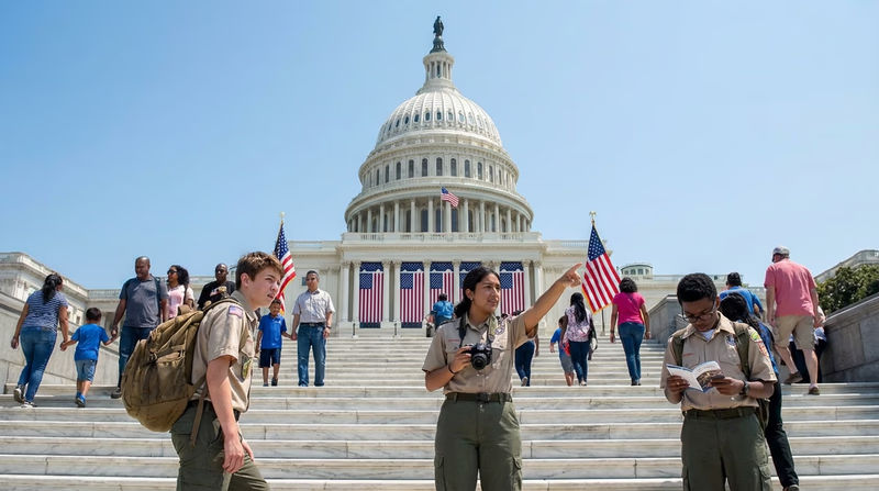 The U.S. Capitol building viewed from the front steps, with visitors walking up the wide staircase on a bright day