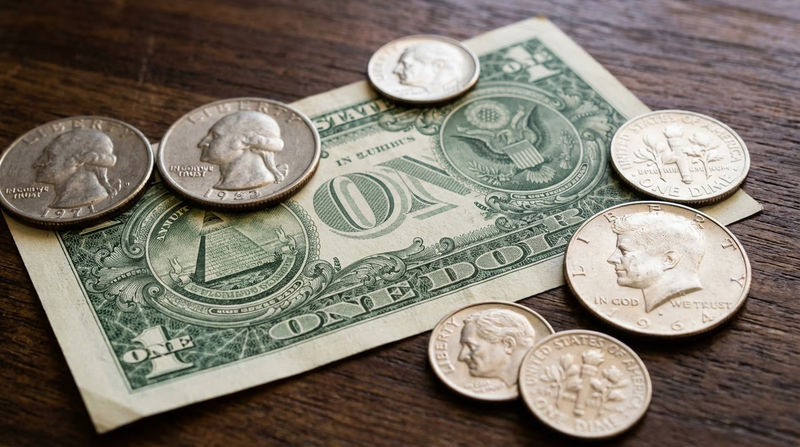 A collection of U.S. coins and a dollar bill arranged to show the E Pluribus Unum motto visible on each piece of currency