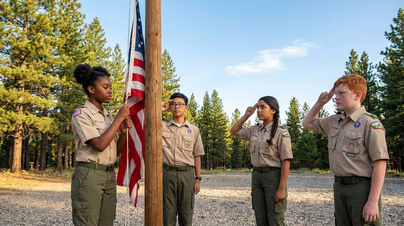 A diverse group of Scouts in clean uniforms conducting a flag ceremony outdoors, with the American flag being raised on a flagpole at a Scout camp