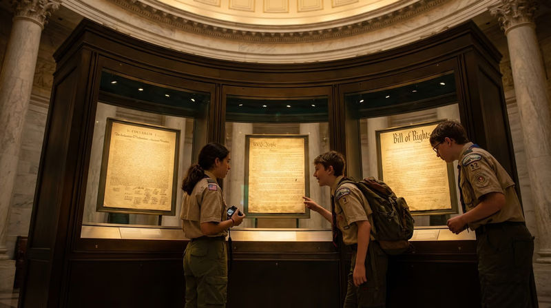 The Declaration of Independence, Constitution, and Bill of Rights displayed under glass at the National Archives in Washington D.C.