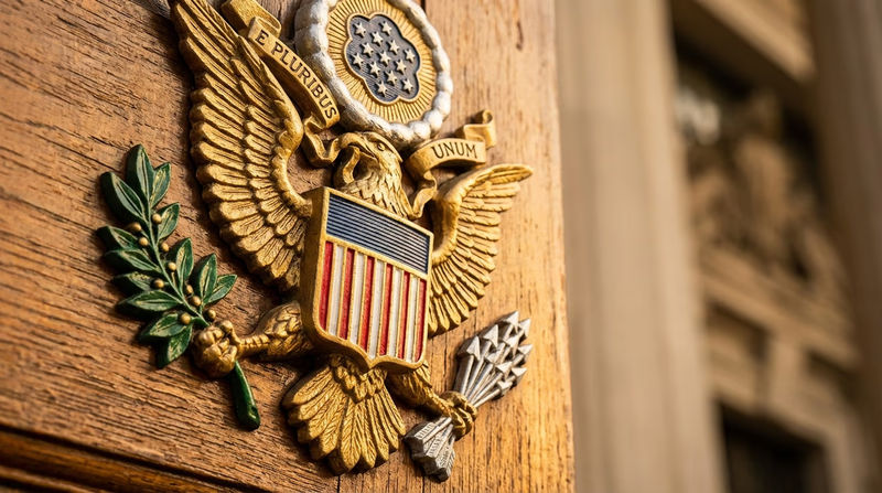 A detailed close-up of the Great Seal of the United States showing the bald eagle holding a ribbon with the motto E Pluribus Unum in its beak, with an olive branch in one talon and arrows in the other