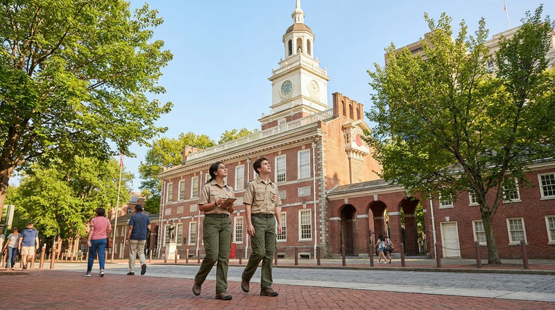 The exterior of Independence Hall in Philadelphia on a sunny day, where the Constitution was written and signed in 1787