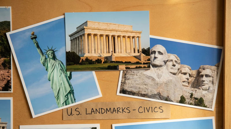 A scenic collage featuring the Lincoln Memorial, the Statue of Liberty, and Mount Rushmore against a blue sky background