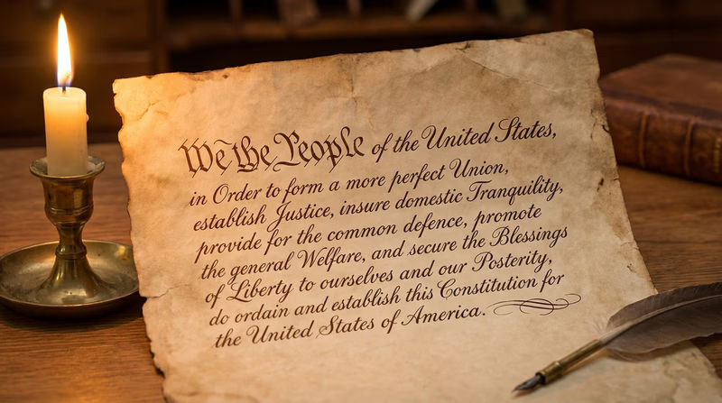 A beautifully rendered calligraphy version of the Preamble to the U.S. Constitution on aged parchment paper
