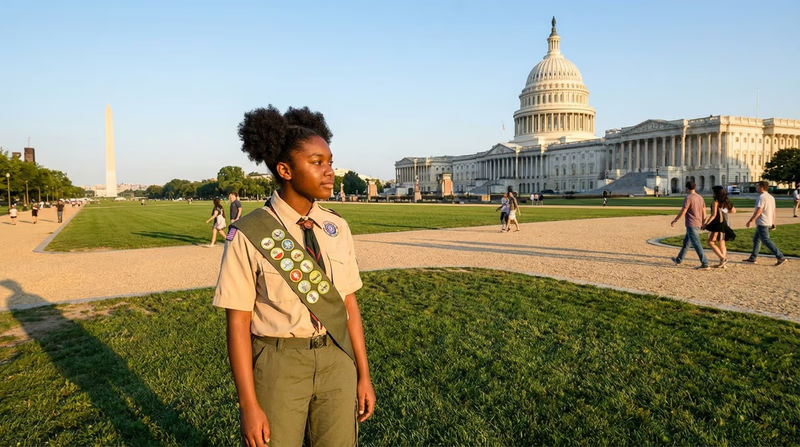A Scout standing on the National Mall in Washington D.C. looking toward the U.S. Capitol building on a clear day, with the Washington Monument visible in the distance