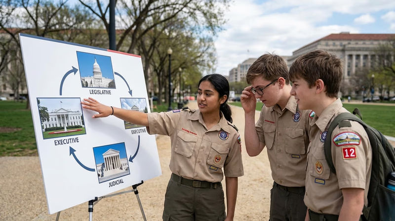 An illustrated diagram showing the three branches of government — the Capitol building for Legislative, the White House for Executive, and the Supreme Court building for Judicial — connected by arrows representing checks and balances