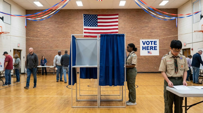 A voting booth with an American flag draped behind it in a community center, with Vote signs visible on the walls