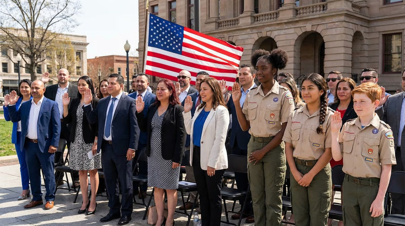 A diverse group of people raising their right hands and taking the Oath of Allegiance at a naturalization ceremony, with an American flag in the background