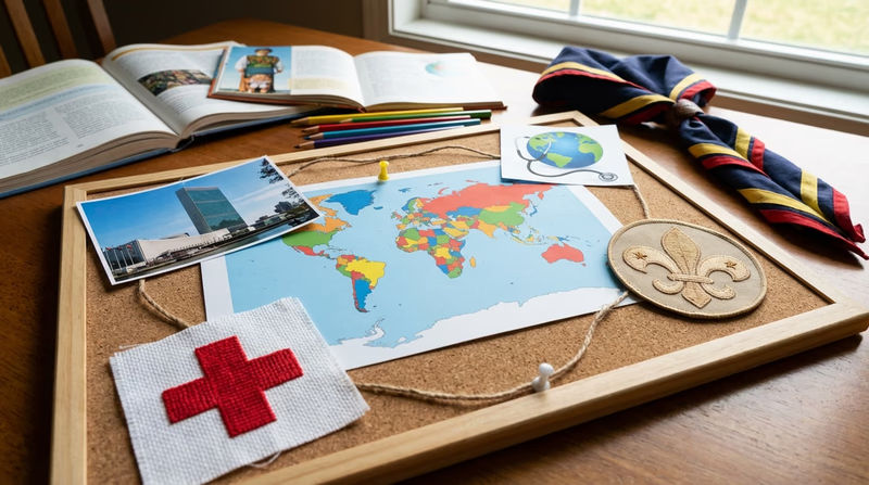 An illustrated collage showing symbols of international organizations arranged around a world map