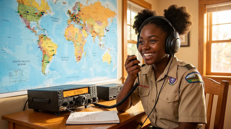 A Scout wearing headphones and speaking into a ham radio microphone with a world map on the wall behind them