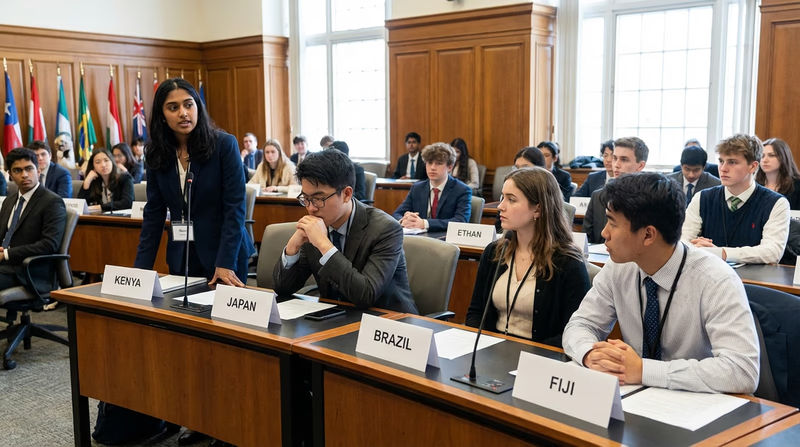 Students in business attire seated at desks with country nameplates, participating in a Model United Nations conference