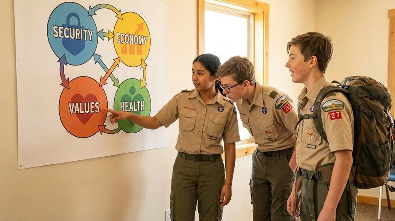 An illustrated diagram showing four interconnected circles labeled Security, Economy, Values, and Health, with arrows between them