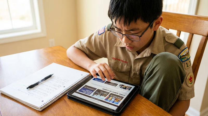 A Scout sitting at a table with a tablet showing a world news website, with a notebook and pen nearby for taking notes