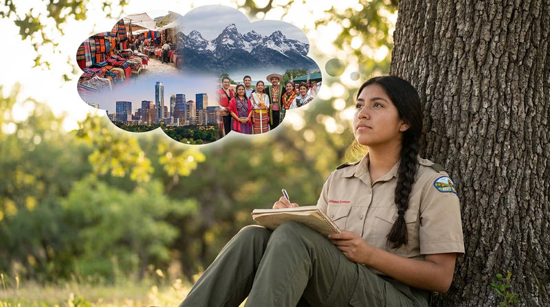 A Scout sitting under a tree writing in a journal, with a thought bubble showing diverse scenes from around the world