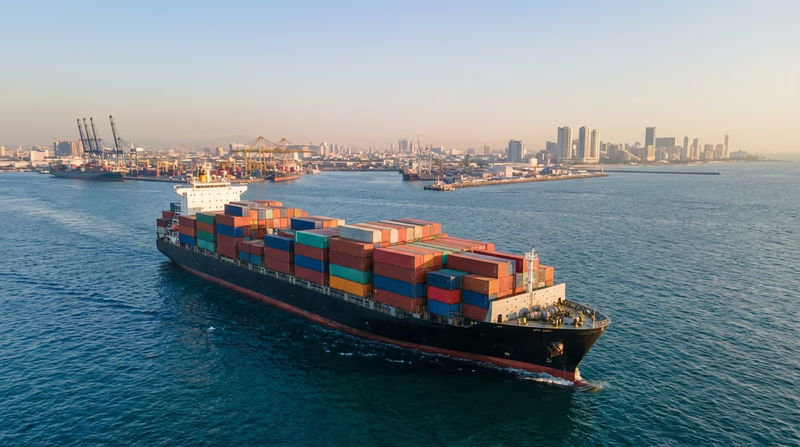An illustrated cargo ship on the ocean with containers labeled with different country flags, showing global trade in action