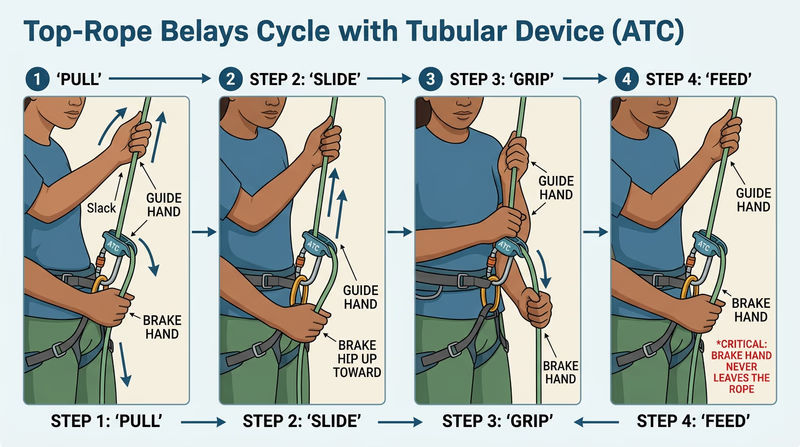 Four-step diagram showing the top-rope belay cycle: pull rope through device, slide brake hand up, re-grip below, and repeat
