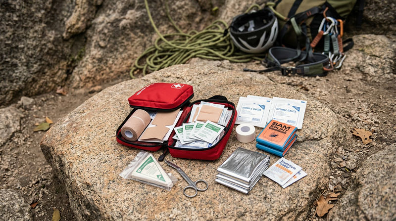 A compact climbing first aid kit laid open showing elastic bandage, moleskin, antiseptic wipes, gauze, athletic tape, emergency blanket, and SAM splint