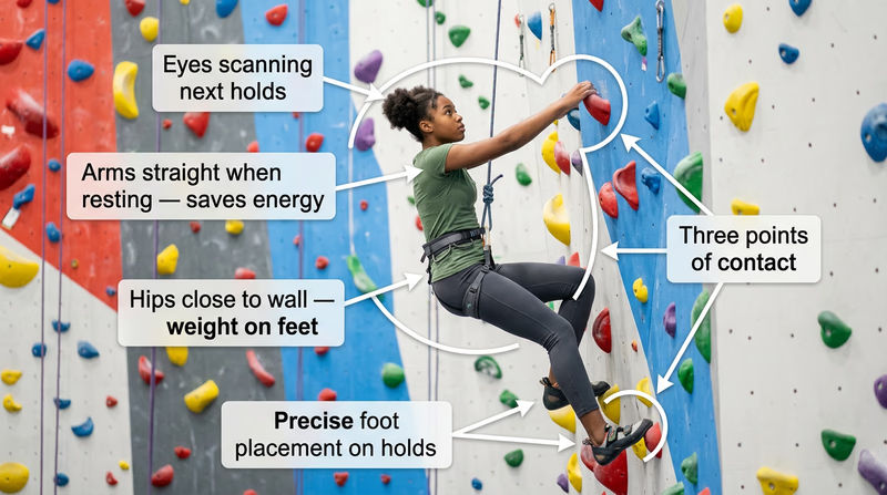 A climber on an indoor wall demonstrating proper technique with annotated callouts for hips close to wall, straight arms, and precise foot placement