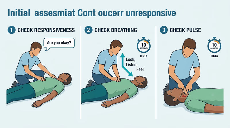 Three-panel diagram showing the CPR assessment sequence: checking responsiveness, checking breathing, and checking carotid pulse