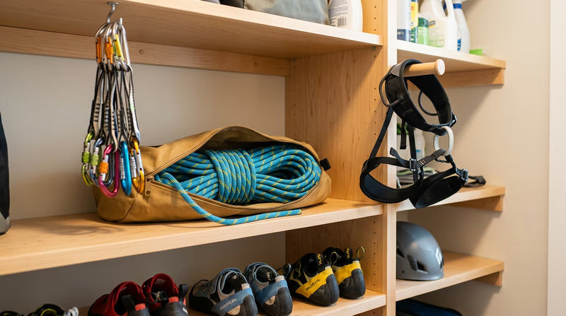 A well-organized gear storage area with rope in a bag, carabiners on a gear sling, harness on a peg, helmet on a shelf, and climbing shoes airing out