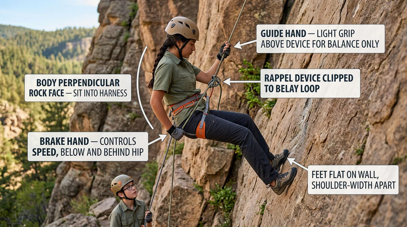 A rappeller on a rock face demonstrating proper form with feet flat on wall, brake hand behind hip, and body perpendicular to the rock